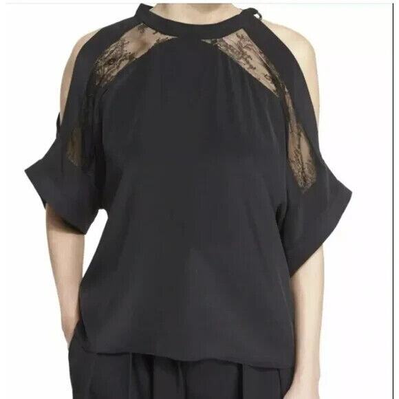 IRO‎ Top Womens 40 Lace Black Cold Shoulder Cut Out Blouse Designer - Picture 2 of 10